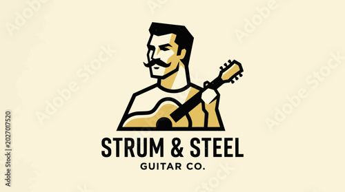 Foto Retro Musician Logo: Man with Guitar and Mustache - Strum & Steel Guitar Co