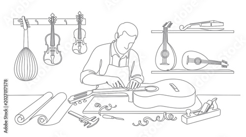 Obraz na płótnie Luthier crafting a guitar, surrounded by musical instruments and tools