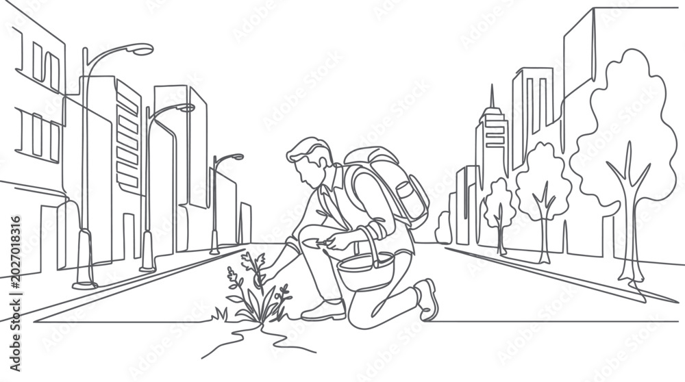 Obraz premium Urban Gardener Planting Greenery in City Street Crack