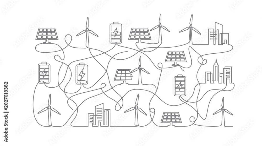 Fototapeta premium Renewable Energy Grid: Wind Turbines, Solar Panels, Batteries, and Cityscape