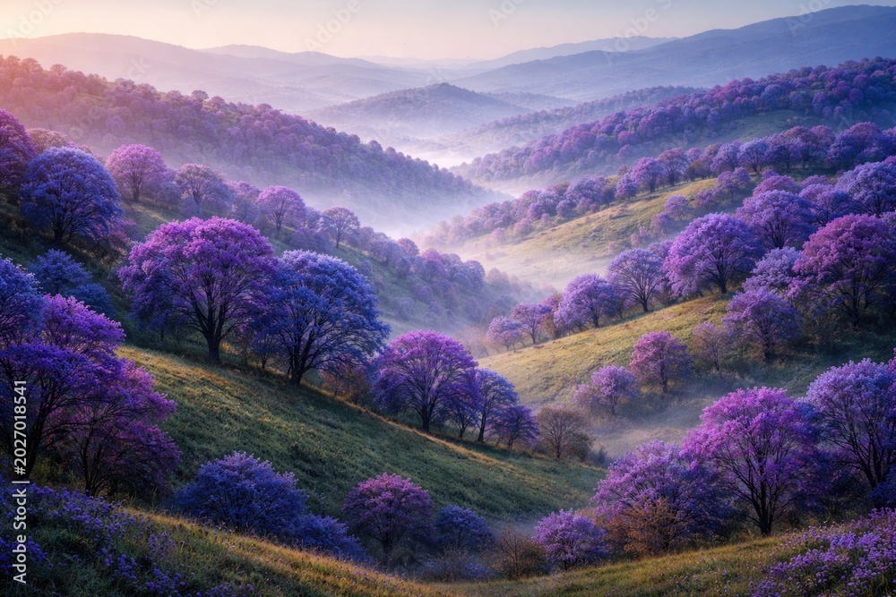 Fototapeta premium Rolling hills adorned with shaded trees that have striking purple and blue coloration
