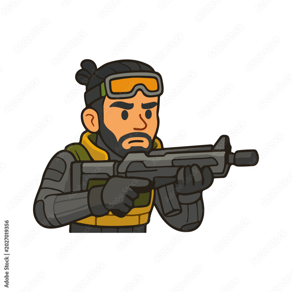 Fototapeta premium Focused soldier aiming rifle. Tactical military fighter with gun. Commando character in shooting stance.
