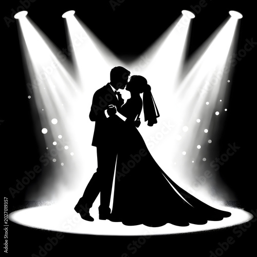 Silhouette of bride and groom dancing together in a romantic wedding night