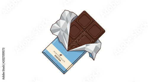 Minimalist 2d flat illustration of chocolate bar unwrapped with foil detail simplified
