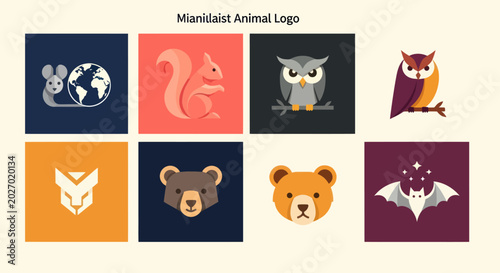 Photography Set of Minimalist Animal Logos: Owl, Squirrel, Bear, Bat, Cat, Mouse, Earth Icon