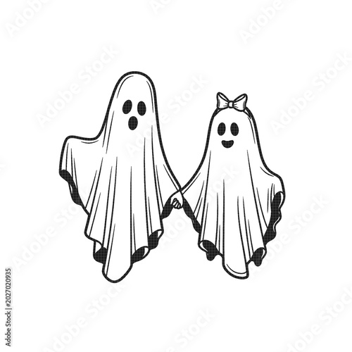 Two cute ghosts wearing sheets with faces on for halloween