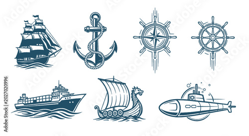 Nautical icons including ships and nautical equipment