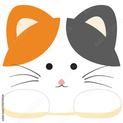 A cute, cartoon calico cat face with a white, orange, and gray fur pattern peeks out with large black eyes and a pink nose, radiating a playful and charming appeal.