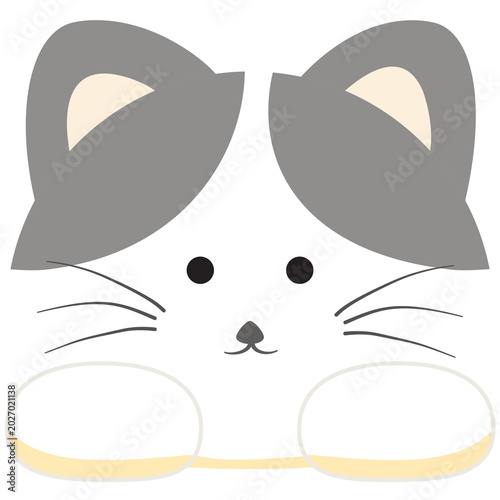 A cute illustration of a cat face with big ears and whiskers, featuring a playful cartoon style.