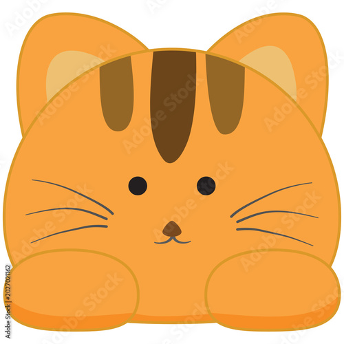 Cute orange tabby cat illustration, with big ears and stripes, looking forward with wide eyes and whiskers, conveying a sense of innocent curiosity and playful charm.