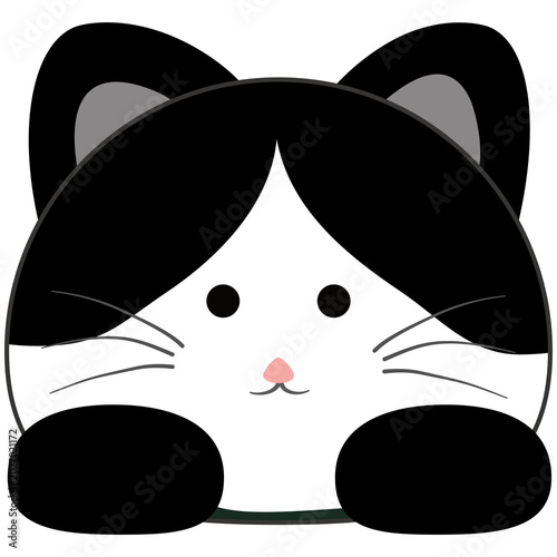 A cute and adorable cartoon illustration of a black and white cat face with big ears and whiskers, peeking out with its paws.