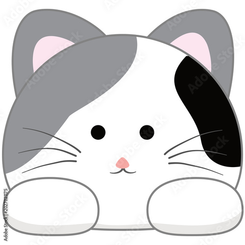 An adorable cartoon cat with large, expressive eyes and soft grey and white fur peeks out with playful curiosity. Its fluffy paws are gently resting on an unseen surface.