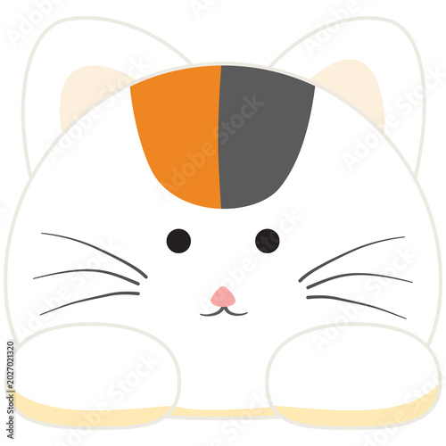 A cute, cartoon-style calico cat with distinctive orange and gray markings on its head and a sweet expression, peeks out playfully.