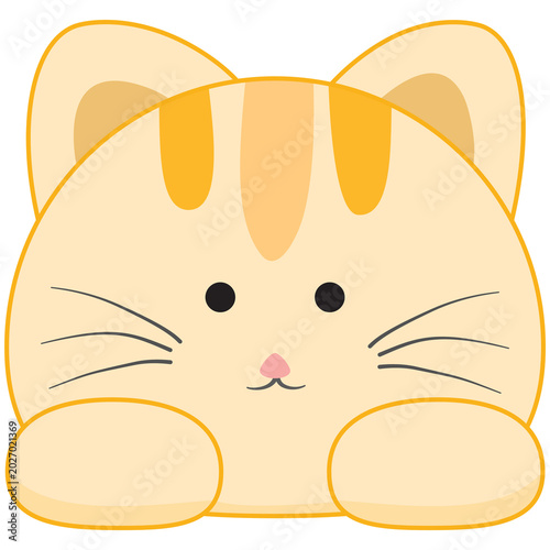 A cute, cartoonish orange tabby cat with big, round ears and whiskers peeks out from behind its paws, rendered in a flat, vector style.
