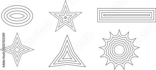  Concentric Geometric Shapes Line Art - Star Oval Rectangle Triangle Sunburst Vector Set