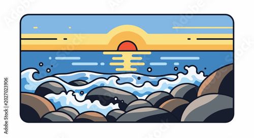 Stylized sunset over a rocky shore with waves crashing onto the rocks