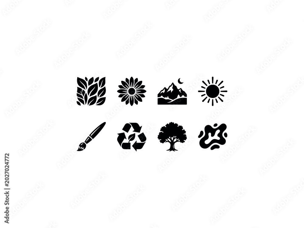 Obraz premium Nature Inspired Graphic Design. Filled icon set of Nature Inspired Graphic Design: leaf pattern, flower bloom, mountain landscape, sun rays, watercolor brush, eco logo, tree silhouette, organic shape.