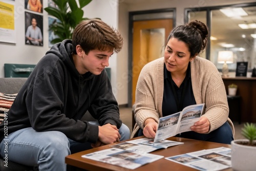 Student and counselor discussing college guidance in an advisory office setting