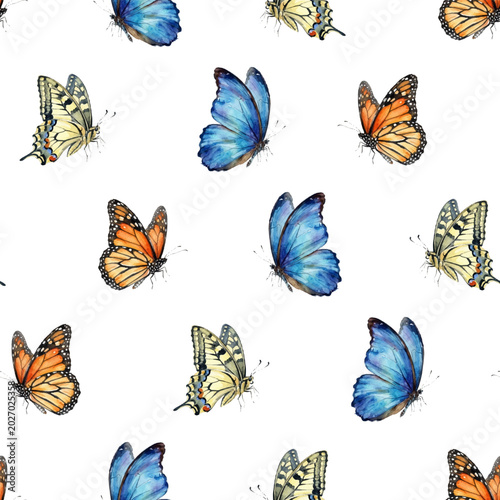 Butterfly seamless pattern with various realistic insects including monarch, ...