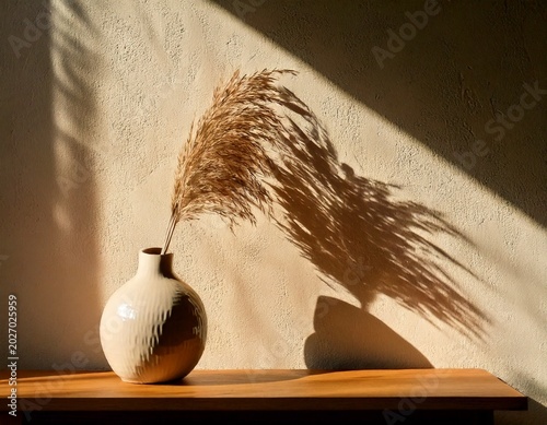 Single Organic Ceramic Vase with Dried Pampas Grass Branch Bathed in Harsh Dramatic Sunlight