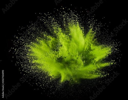 Vibrant matcha green tea powder explodes in a cosmic dust cloud, a dynamic and energetic visual for food and beverage concepts