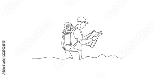 Continuous line drawing of a hiker with a backpack studying a map outdoors