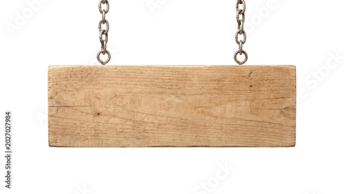 Canvastavla Horizontal blank wooden plaque with metallic chains png isolated on transparent background rectangular texture