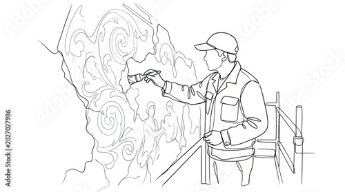 Photos Restoration craftsman repairing intricate stone carving detail with brush