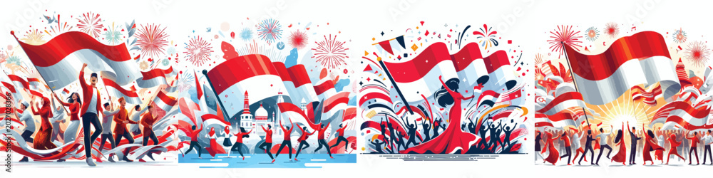 Obraz premium Set of Indonesian Independence Day Vector Illustrations in Dynamic Modern Flat Style on White Background