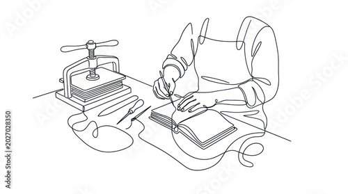 Photos Bookbinder working with press and tools, continuous line drawing