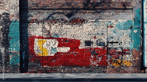 Live street graffiti mural on distressed brick background high resolution picture