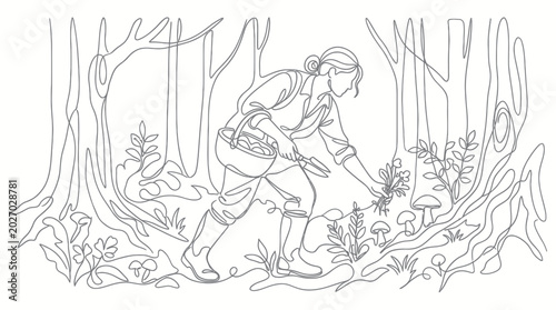 Obraz na plátně Woman foraging for mushrooms in a forest, line art illustration