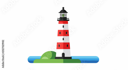 Stylized lighthouse with red and white bands on a green island in blue water