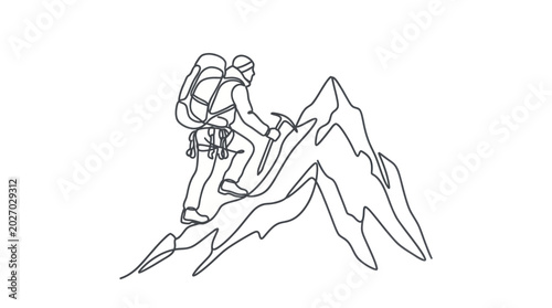 Tableau sur toile Climber ascending rocky mountain peak with ice axe and backpack, line art