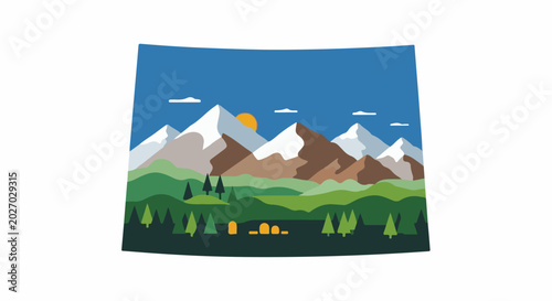 Stylized mountain landscape with sun, clouds, trees, and subtle hints of settlement