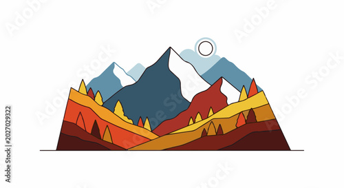 Stylized mountain landscape with trees and sun in muted earth tones