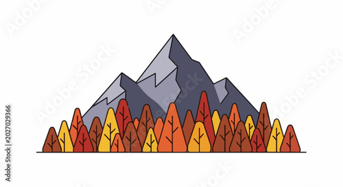 Stylized mountain peak behind a line of colorful, deciduous trees