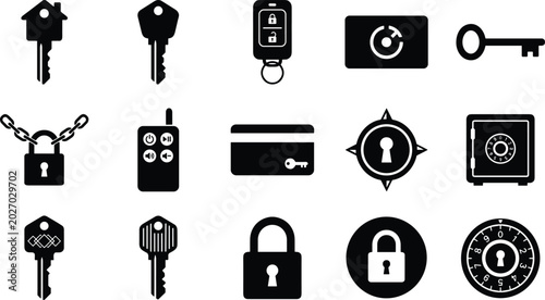 Schilderij op canvas Security and access control icon set featuring house keys locks car remote smart