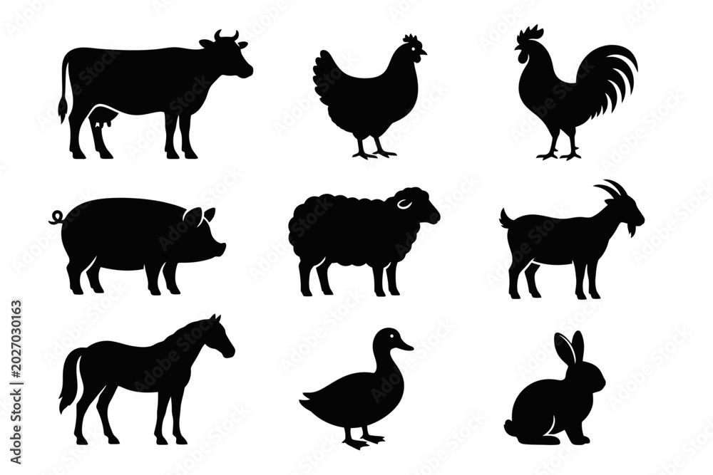 Fototapeta premium Farm Animal Silhouette Vector Illustration Collection Set