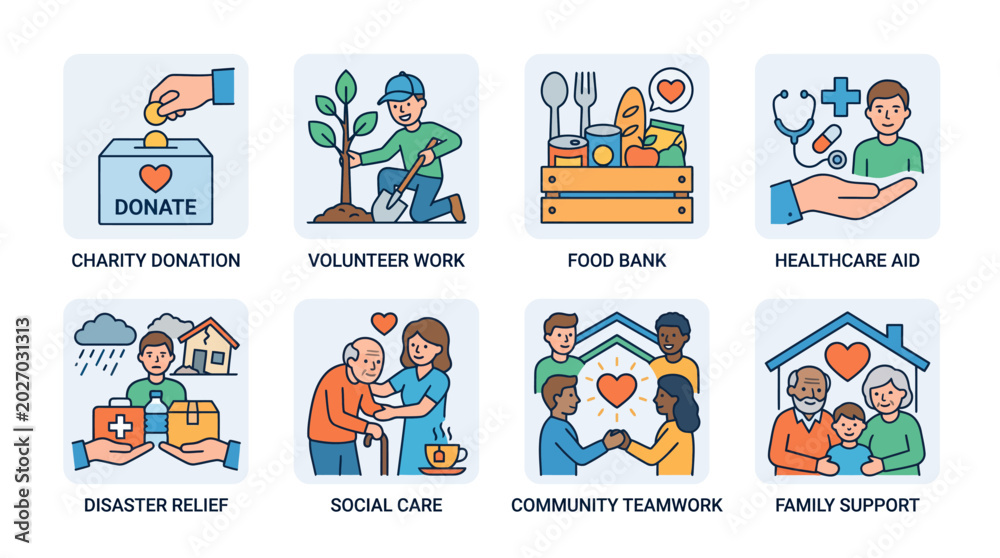 Fototapeta premium Humanitarian Aid and Social Help Vector Icons