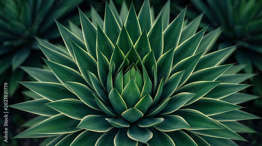 Fototapeta premium Close up of geometrically symmetrical radiating agave plant, sharp green leaves with light golden edges, showing mathematical beauty of nature.