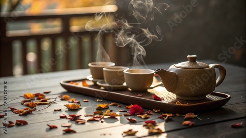 Steaming Tea Set on Rustic Wooden Table
