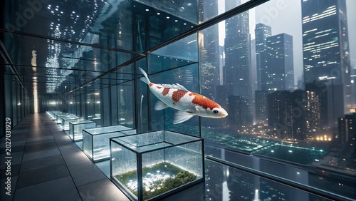 Koi fish swimming in a modern city aquarium