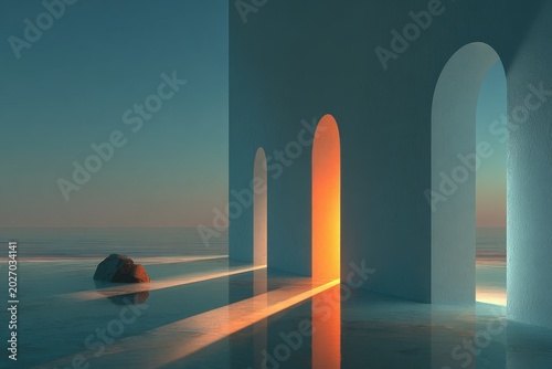 three vertical columns and glowing door, soft shadows, modern architectural. Generative AI