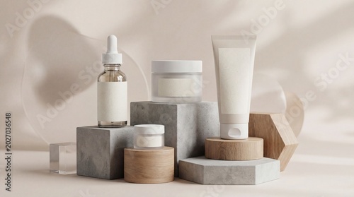 Skincare product mockup scene featuring stylish geometric display stands.
