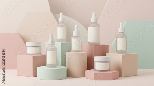 Cosmetic product mockups displayed on modern geometric podium backgrounds.