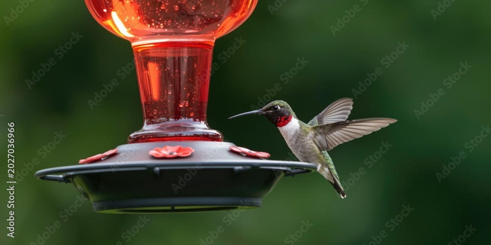 Fototapeta premium Adult hummingbird feeding at a nectar feeder in summer