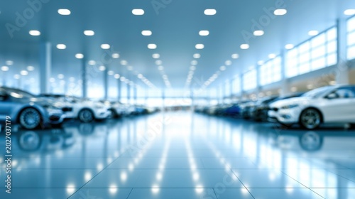 Blurred interior of a modern car showroom with rows of vehicles