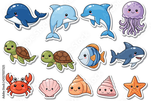 Colorful cartoon illustration of various marine life including dolphins jellyfish turtles fish sharks and seashells on a white background