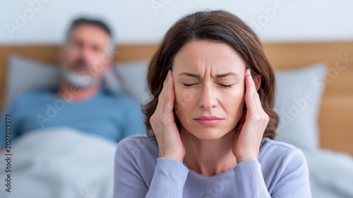A Woman Struggling with Headache and Stress While Her Partner Looks On, Reflecting the Challenges of Emotional and Physical Discomfort in Relationships